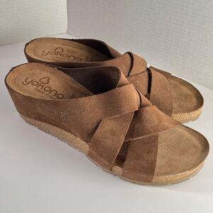 NEW 🐞 Yokono Mora Cross Strap Suede Leather Cork Wedges Heels Sandals 9.5 9